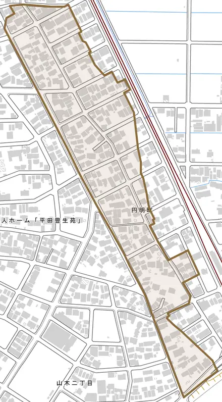 円明町とその周辺の地図。町の範囲を重ねている