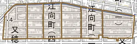 江向町とその周辺の地図。町の範囲を重ねている