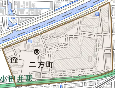 二方町とその周辺の地図。町の範囲を重ねている