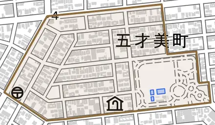 五才美町とその周辺の地図。町の範囲を重ねている