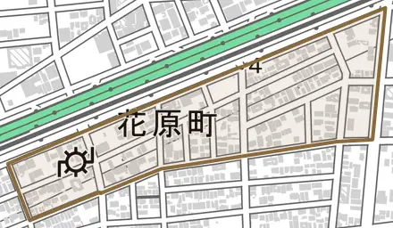 花原町とその周辺の地図。町の範囲を重ねている