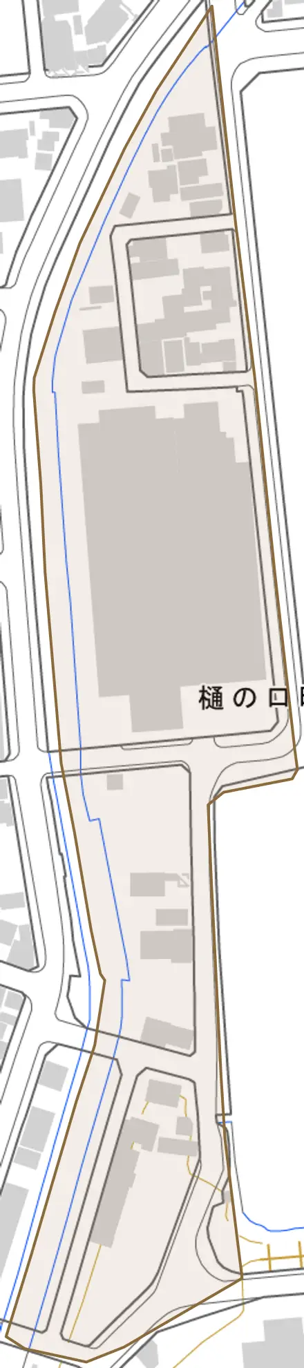 樋の口町とその周辺の地図。町の範囲を重ねている