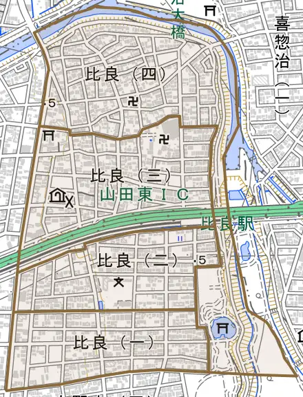 比良とその周辺の地図。町の範囲を重ねている