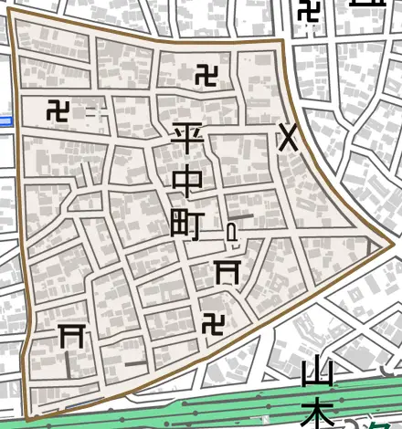 平中町とその周辺の地図。町の範囲を重ねている