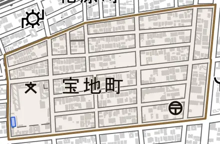 宝地町とその周辺の地図。町の範囲を重ねている
