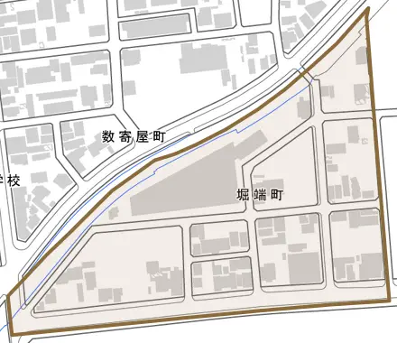 堀端町とその周辺の地図。町の範囲を重ねている