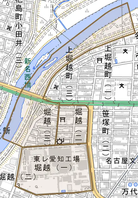 堀越とその周辺の地図。町の範囲を重ねている