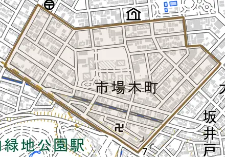 市場木町とその周辺の地図。町の範囲を重ねている