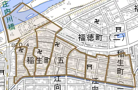 稲生町とその周辺の地図。町の範囲を重ねている