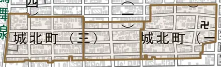 城北町とその周辺の地図。町の範囲を重ねている
