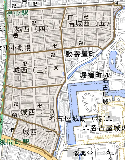 城西とその周辺の地図。町の範囲を重ねている