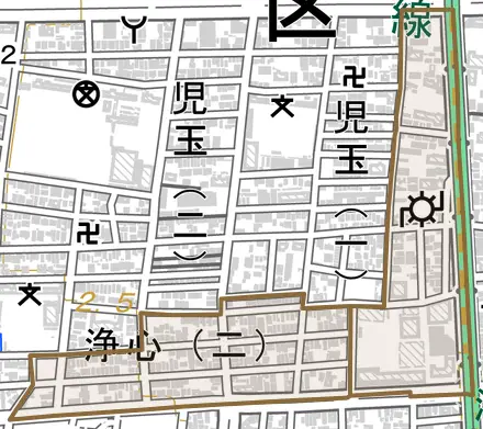 浄心とその周辺の地図。町の範囲を重ねている