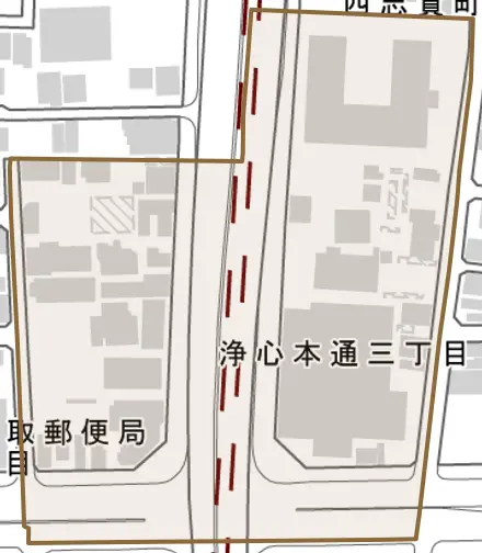 浄心本通とその周辺の地図。町の範囲を重ねている