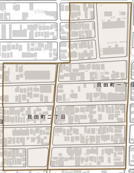 貝田町とその周辺の地図。町の範囲を重ねている