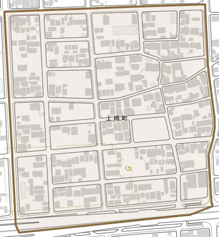 上橋町とその周辺の地図。町の範囲を重ねている