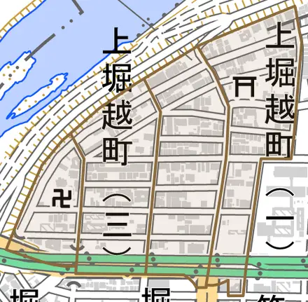 上堀越町とその周辺の地図。町の範囲を重ねている