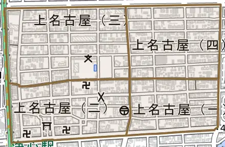 上名古屋とその周辺の地図。町の範囲を重ねている