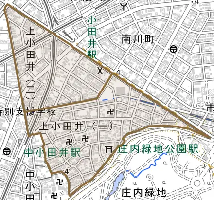 上小田井とその周辺の地図。町の範囲を重ねている