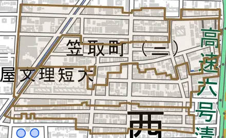 笠取町とその周辺の地図。町の範囲を重ねている