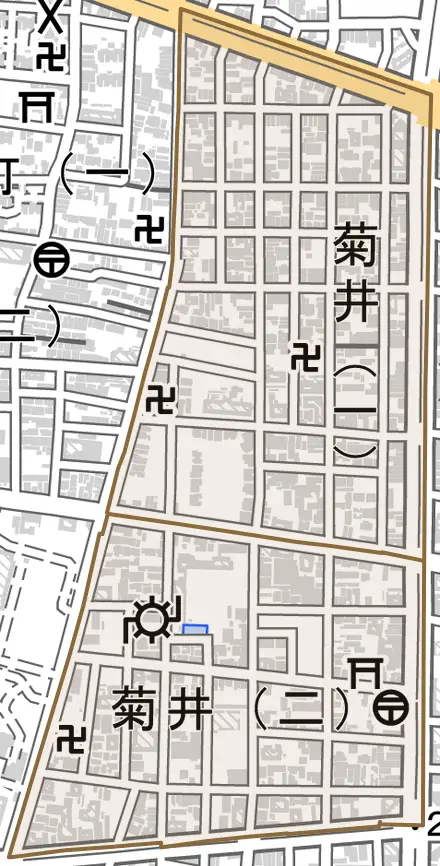 菊井とその周辺の地図。町の範囲を重ねている