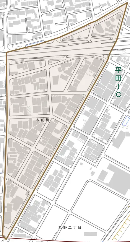 木前町とその周辺の地図。町の範囲を重ねている