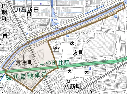 貴生町とその周辺の地図。町の範囲を重ねている
