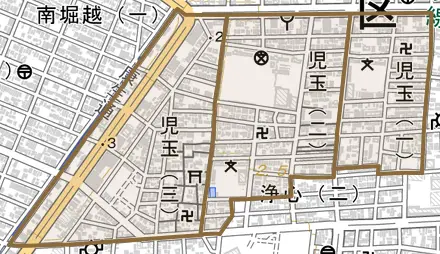 児玉とその周辺の地図。町の範囲を重ねている