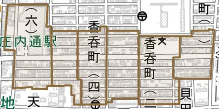 香呑町とその周辺の地図。町の範囲を重ねている
