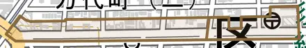 康生通とその周辺の地図。町の範囲を重ねている