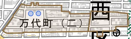 万代町とその周辺の地図。町の範囲を重ねている