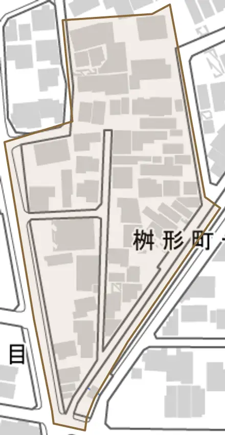 桝形町とその周辺の地図。町の範囲を重ねている
