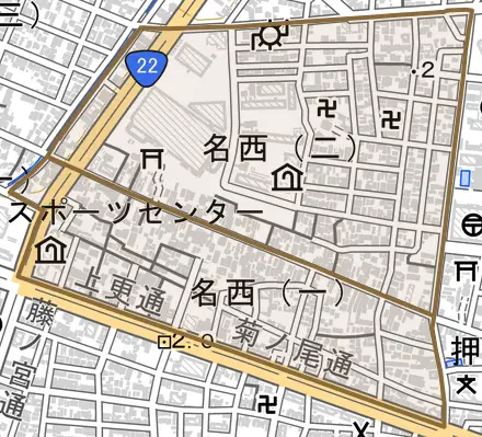 名西とその周辺の地図。町の範囲を重ねている
