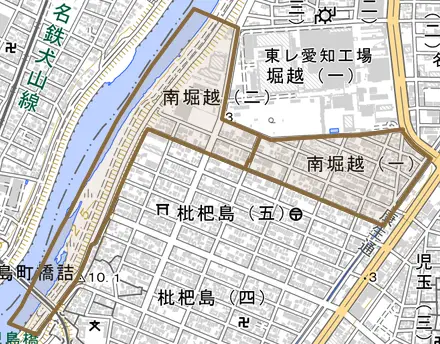 南堀越とその周辺の地図。町の範囲を重ねている