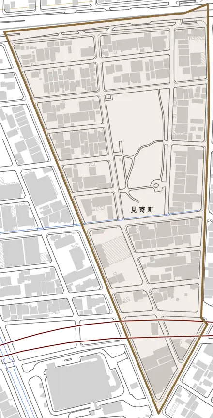 見寄町とその周辺の地図。町の範囲を重ねている