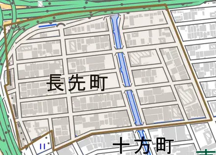 長先町とその周辺の地図。町の範囲を重ねている