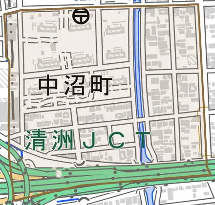 中沼町とその周辺の地図。町の範囲を重ねている