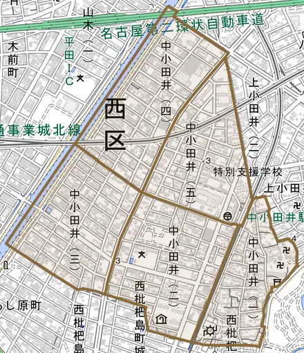 中小田井とその周辺の地図。町の範囲を重ねている