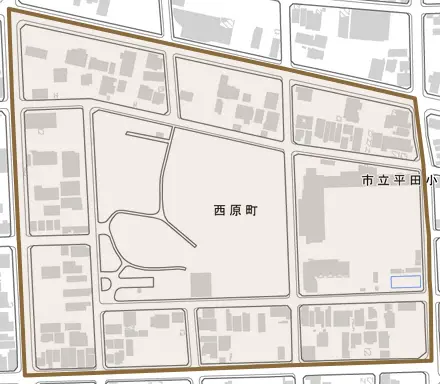西原町とその周辺の地図。町の範囲を重ねている