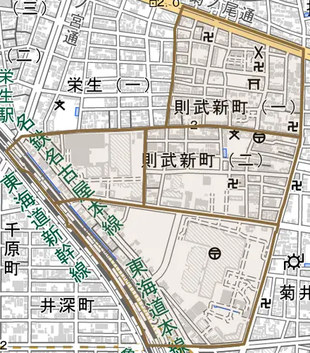 則武新町とその周辺の地図。町の範囲を重ねている