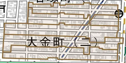 大金町とその周辺の地図。町の範囲を重ねている