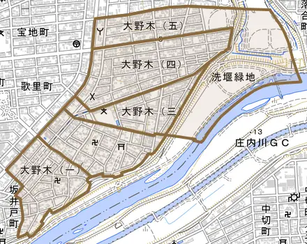 大野木とその周辺の地図。町の範囲を重ねている
