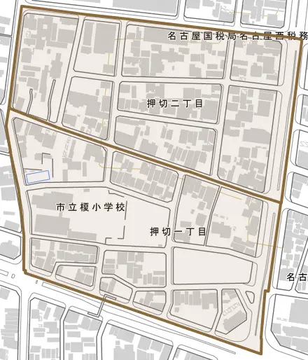 押切とその周辺の地図。町の範囲を重ねている