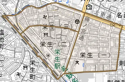 栄生とその周辺の地図。町の範囲を重ねている