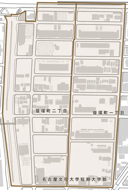 笹塚町とその周辺の地図。町の範囲を重ねている