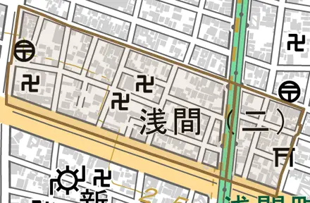 浅間とその周辺の地図。町の範囲を重ねている