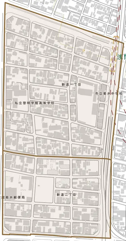 新道とその周辺の地図。町の範囲を重ねている