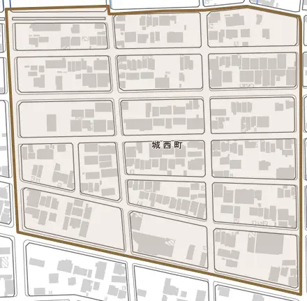 城西町とその周辺の地図。町の範囲を重ねている