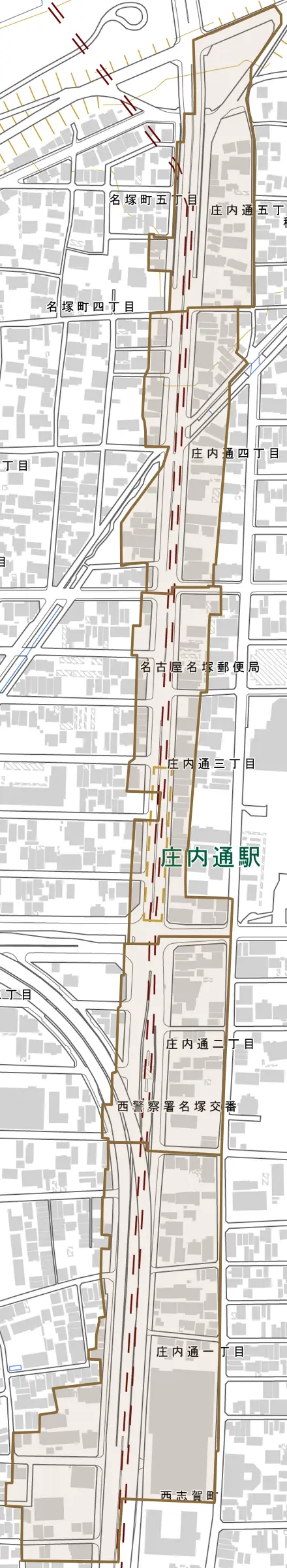 庄内通とその周辺の地図。町の範囲を重ねている
