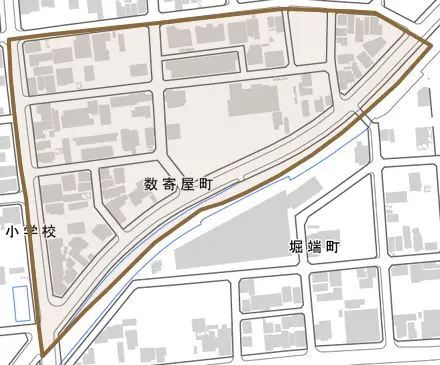 数寄屋町とその周辺の地図。町の範囲を重ねている