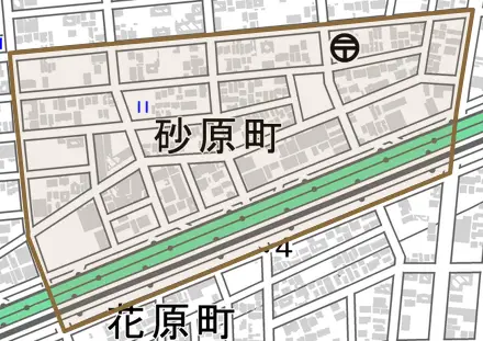 砂原町とその周辺の地図。町の範囲を重ねている